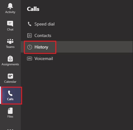 Example of the Calls > History menu.