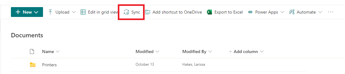 Sharepoint sync button location
