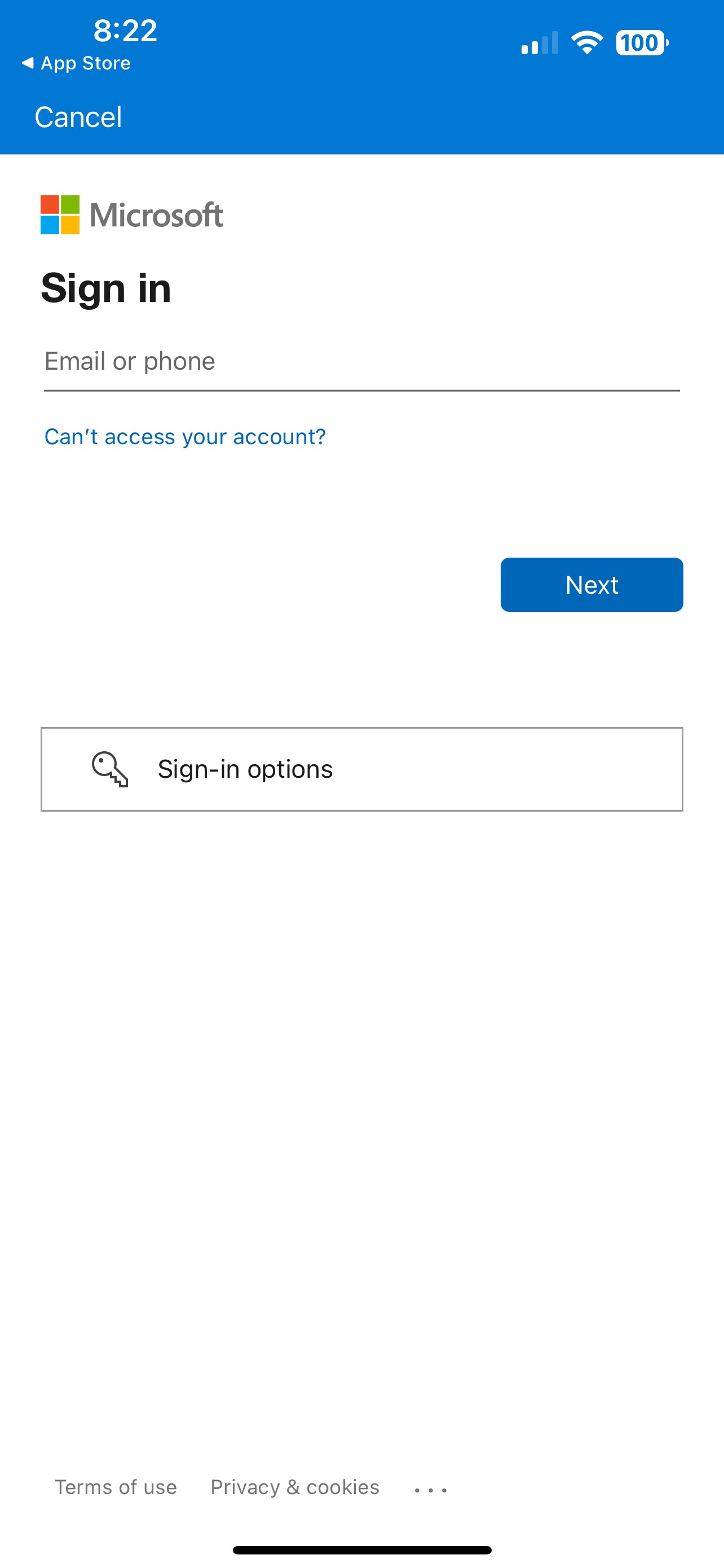Microsoft Authenticator showing Open in Browser Button