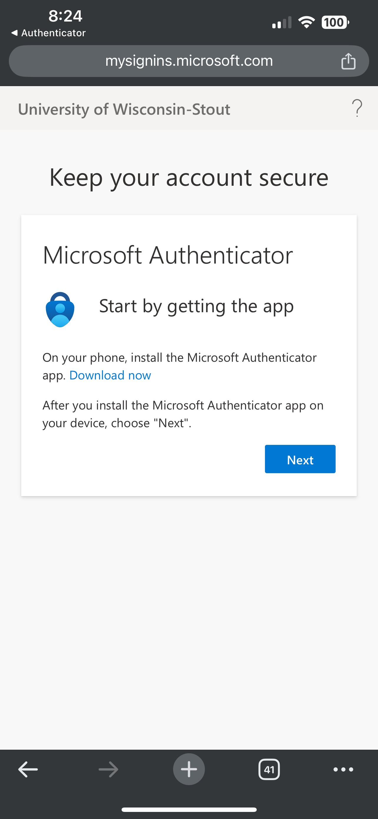 Microsoft authenticator screen showing Start by getting the app
