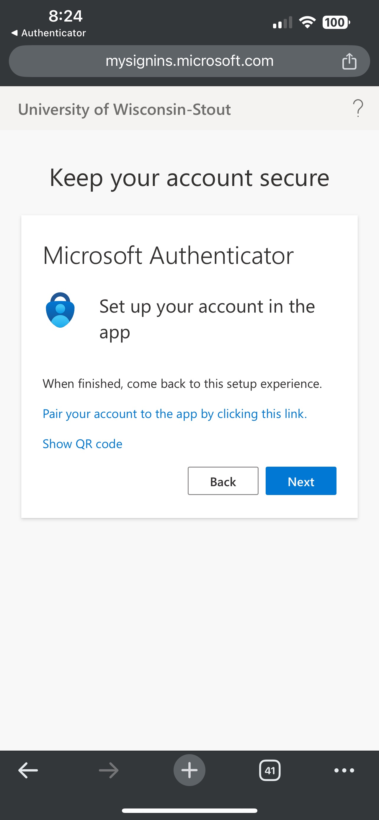 Microsoft Authenticator screen showing set up your account in the app
