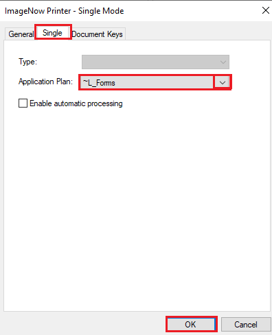 Click the Single tab and use the down arrow to select the  ~L_Forms application plan. Click OK to close and complete.