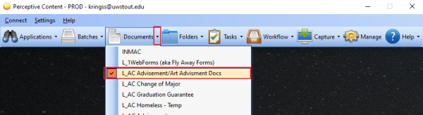 This picture shows the Documents down arrow selected and the dropdown list associated with it.