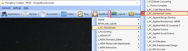 This picture shows the Workflow down arrow selected and the dropdown list associated with it.