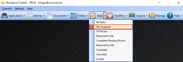 This picture shows the Tasks down arrow selected and the dropdown list associated with it.