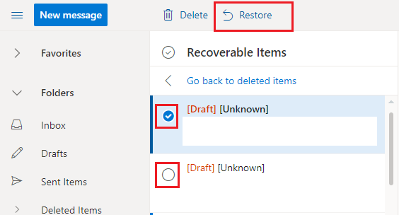 example of the checkbox and restore options.