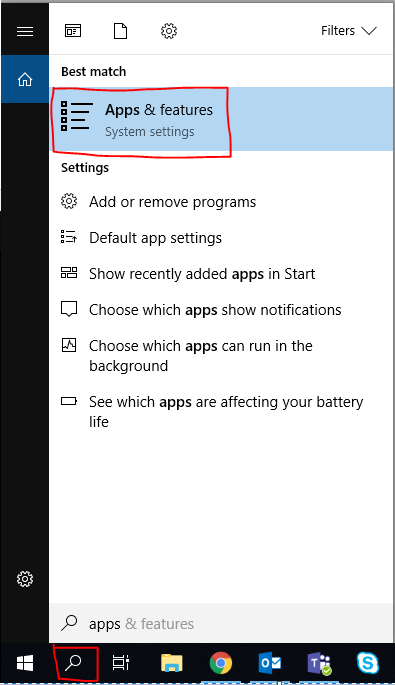 clicking on Apps & Features in Windows 10 Search