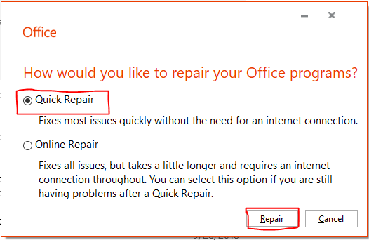 Example 2 shows the Office365 repair dialogue