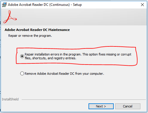 Example 3 shows Adobe Acrobat Reader repair dialogue