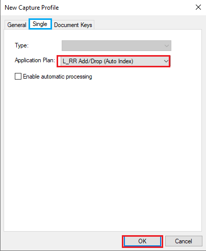 New Capture Profile dialog box, Single Tab, here the application plan is selected.