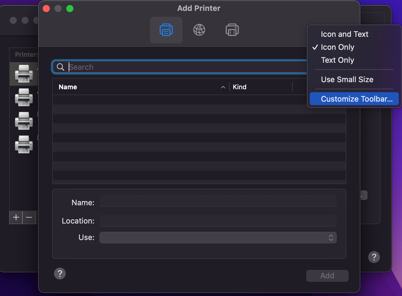 Add printer window customize toolbar menu