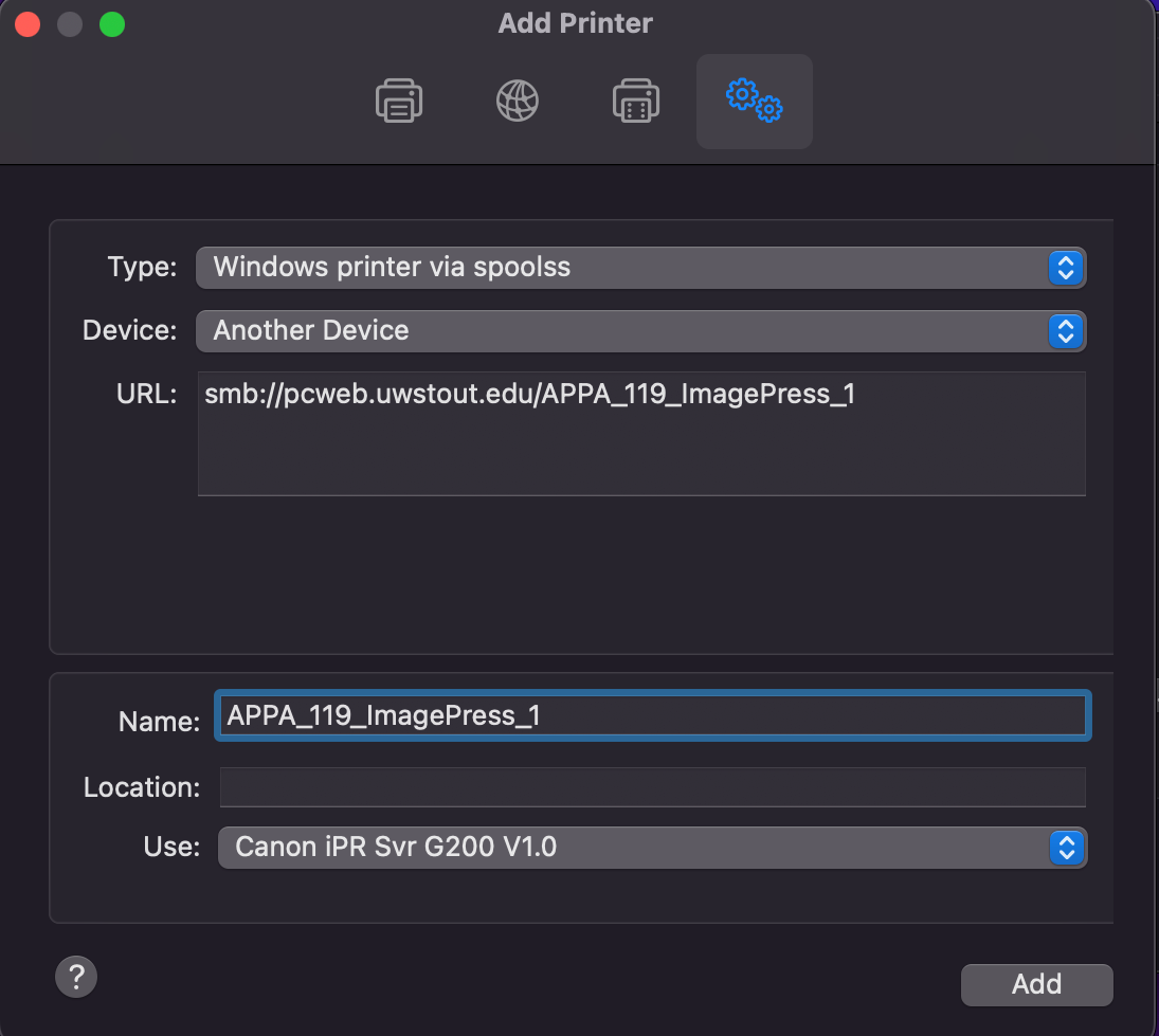 Example of printer settings