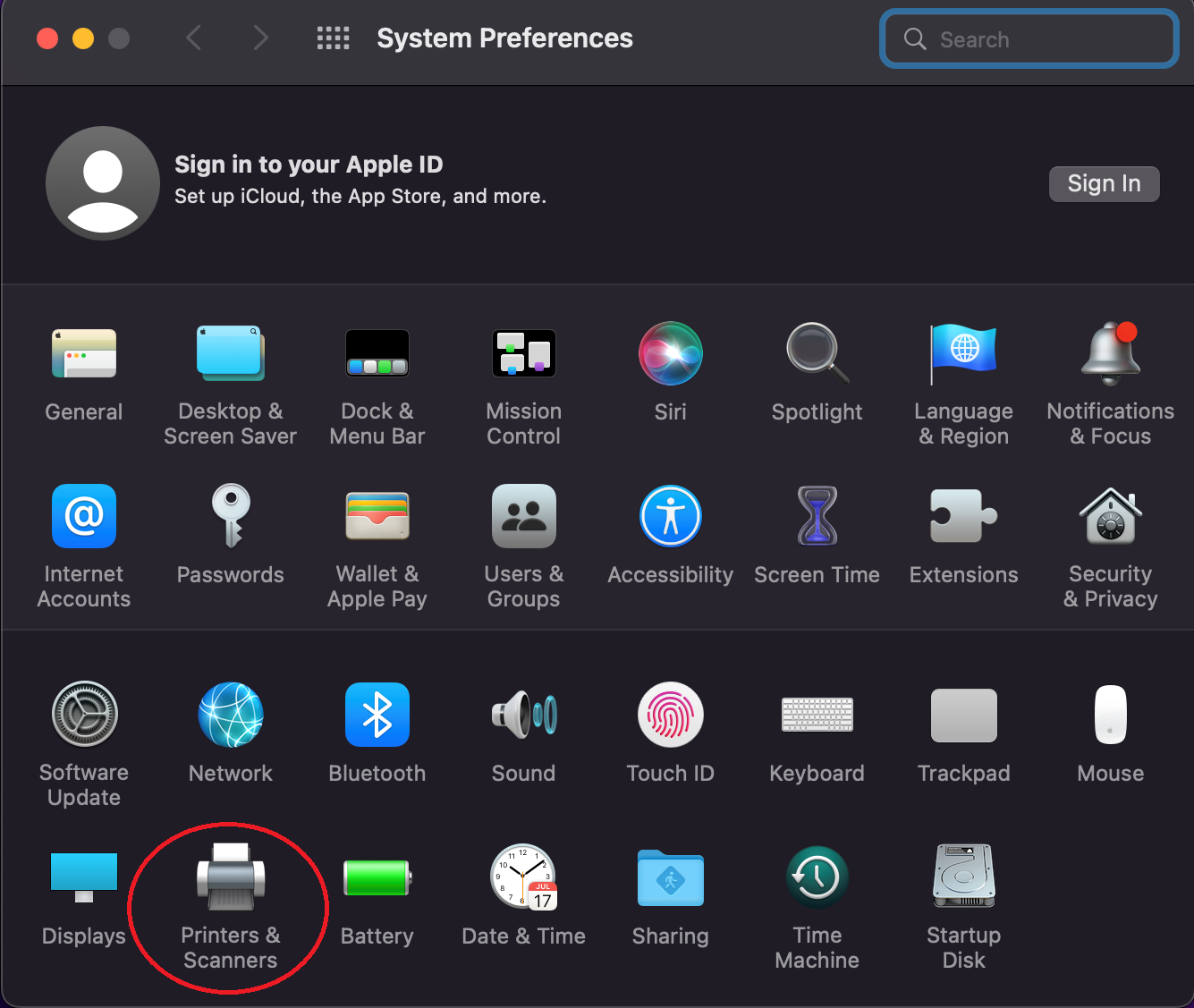 System preferences window