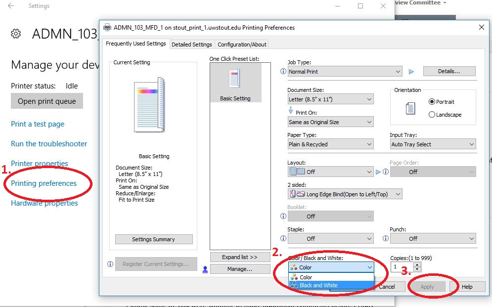 PC Setting Preferences To Black And White Or Color When Printing