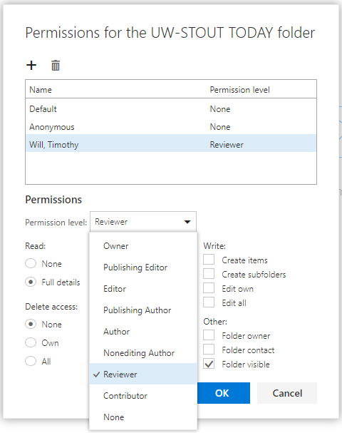 Setting permission level in permissions dialogue